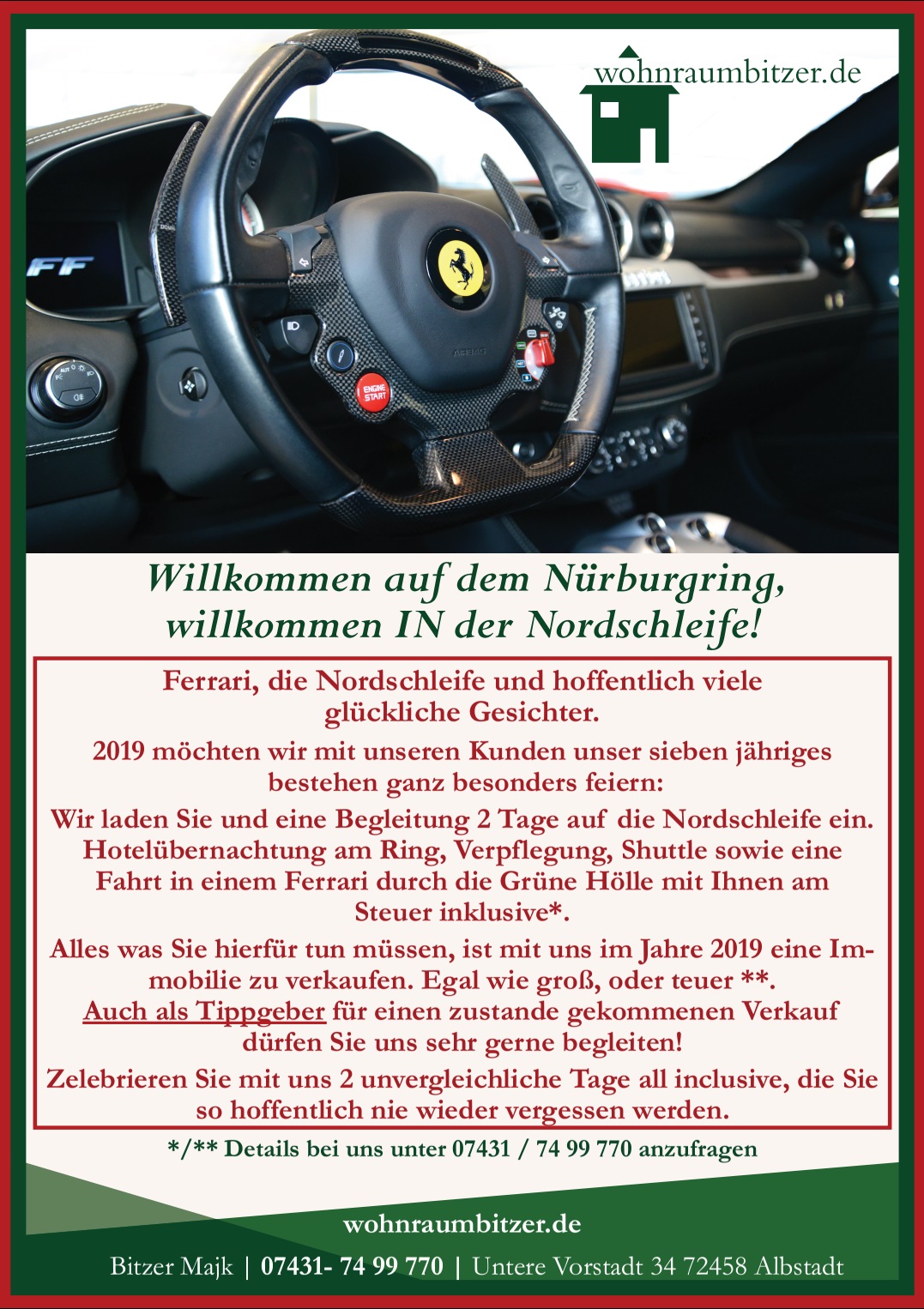 Aktuelle Anzeige fuer das neue Jahr 19, Ferrari Albstadt, Ferrari Fahren Nordschleife wohnraumbitzer.de