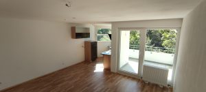 1,5 Zimmer Wohnung in toller Lage Tailfingen, Blick ins Wohnzimmer mit Küche und Balkon 2