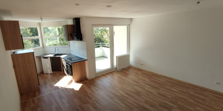 1,5 Zimmer Wohnung in toller Lage Tailfingen, Blick ins Wohnzimmer mit Küche und Balkon 1